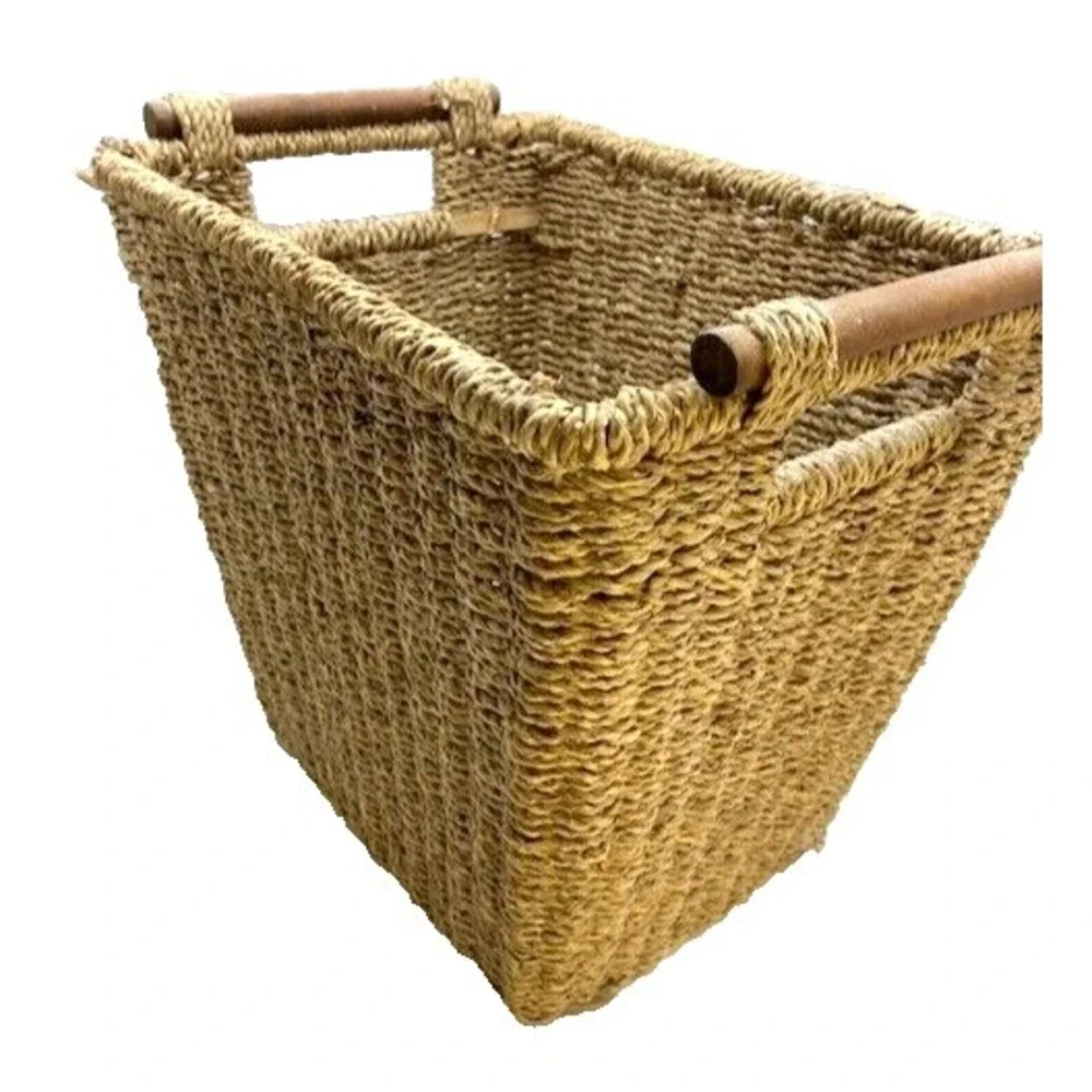 Vintage Rush Weave Waste Paper Basket - Boho Natural 11.5in 1970s